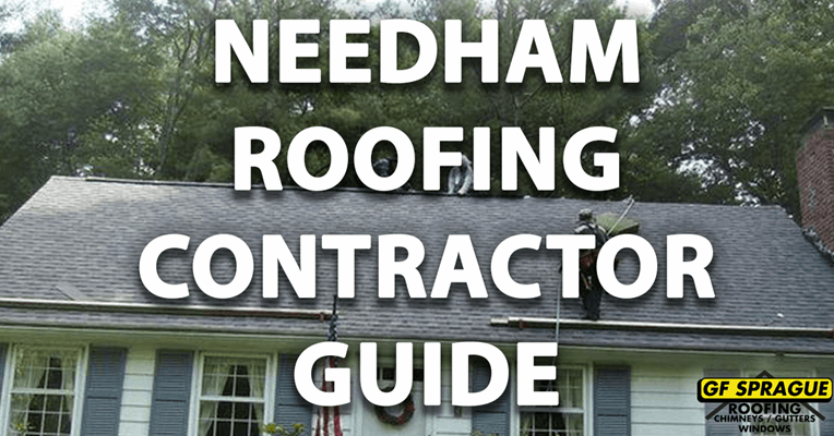 The "Needham Roofing Contractor Guide" in front of an asphalt shingle roof replacement.|roofing in Arlington, MA|A homeowner research a local roofing contractor's website.