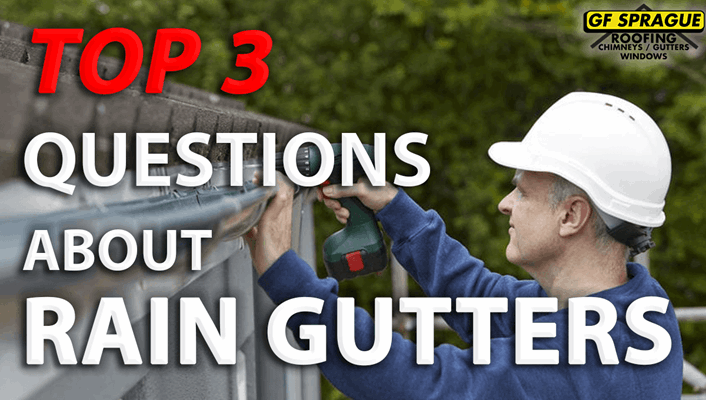 "Top 3 Questions about Rain Gutters" over a roofing contractor installing rain gutters into a roof.|copper gutters on slate roof|copper gutter downspout